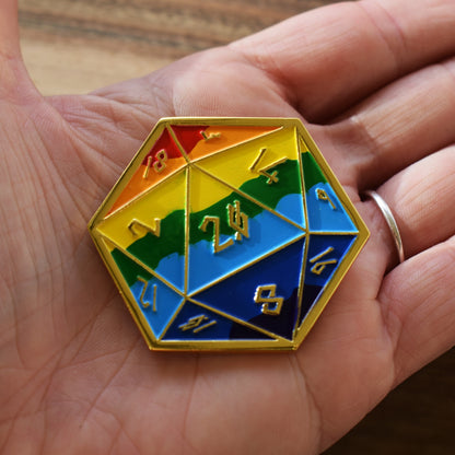 Pride and Gold Rainbow D20 Pin (Large)